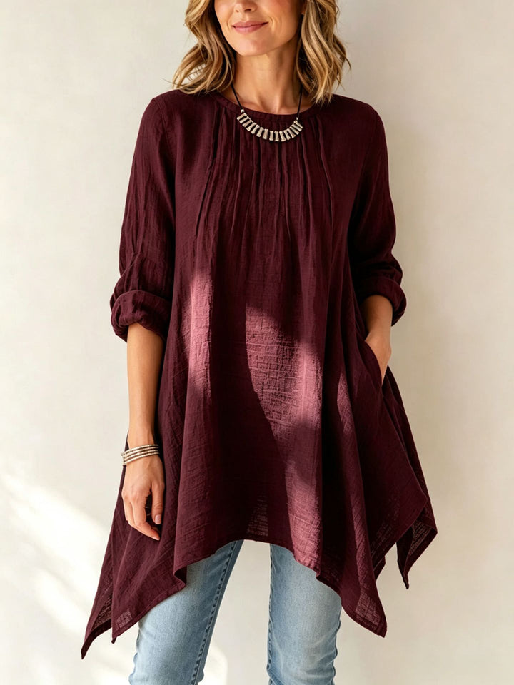 Damen Lässige Tunika-Bluse mit asymmetrischem Saum, feiner Waffelstruktur und Kellerfalten Drune
