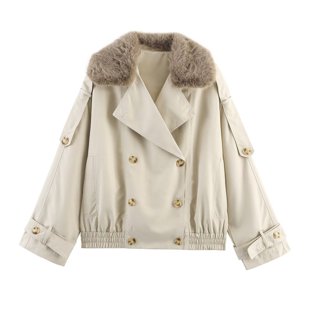 Damen modische Trenchjacke mit kleinem Kragen und doppelter Knopfleiste Drune