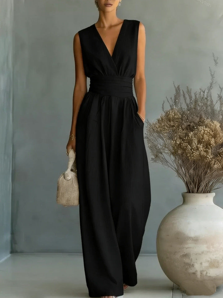 Drune | Eleganter Ärmelloser Jumpsuit mit Tiefem V-Ausschnitt, Taillenbund und Weitem Bein