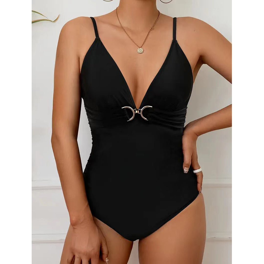 Damen Eleganter Einteiler Badeanzug mit V-Ausschnitt und Zierdetails Drune