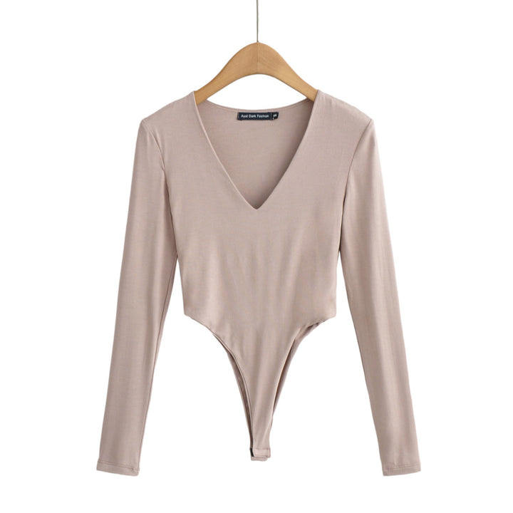 Damen figurbetontes Langarmbodysuit mit tiefem V-Ausschnitt Drune