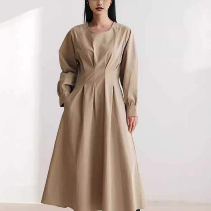 Damen Maxikleid mit Taillenabnähern, Rundhalsausschnitt und voluminösen Manschetten Drune