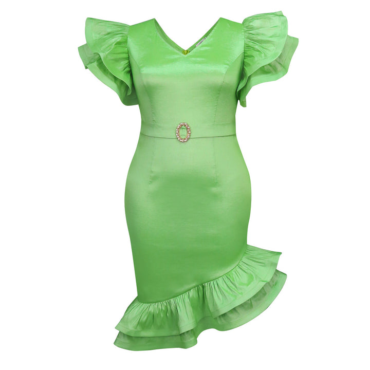 Damen elegantes Kleid mit voluminösen Rüschensäumen und tailliertem Gürtel Drune