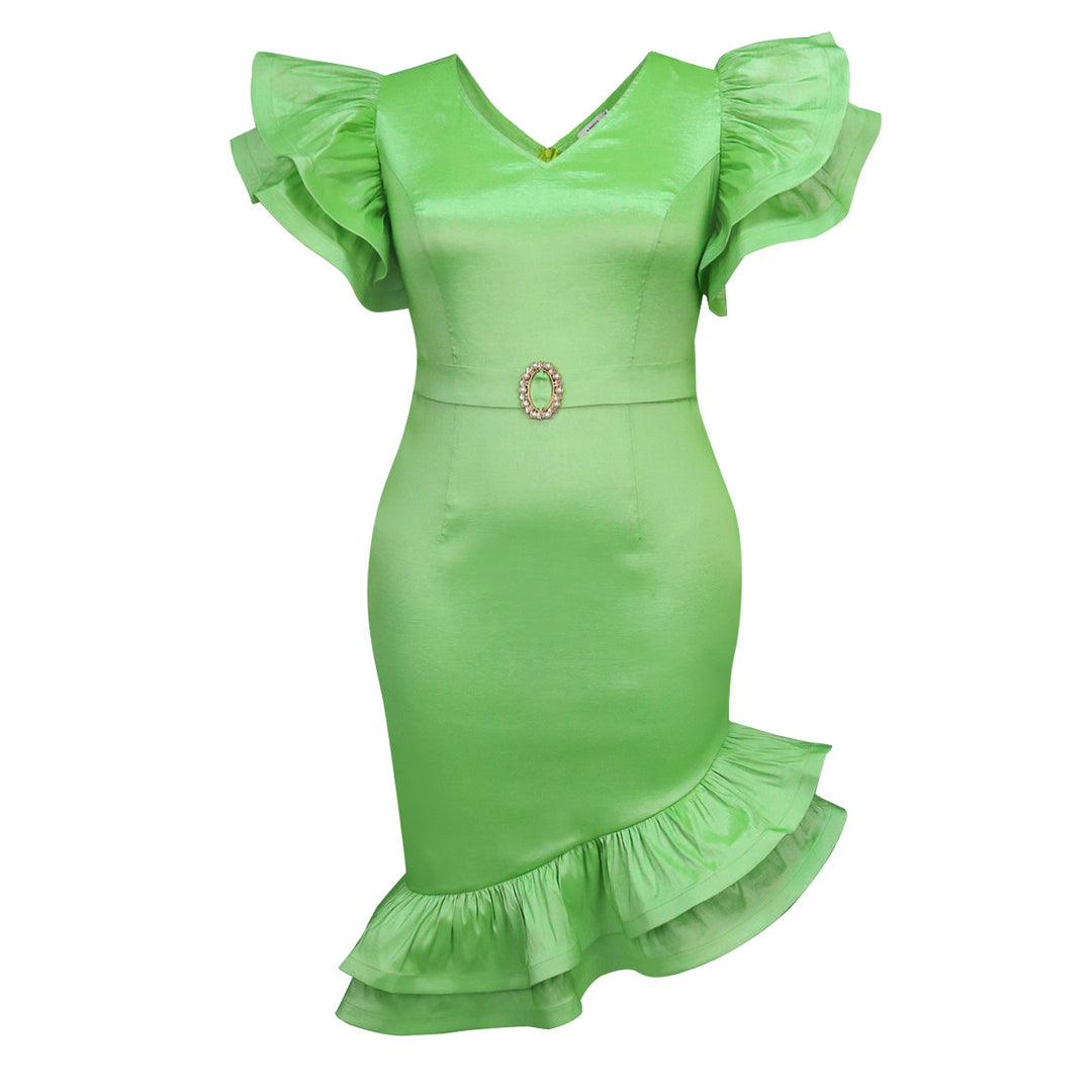 Damen elegantes Kleid mit voluminösen Rüschenärmeln und seitlichem Schlitz Drune