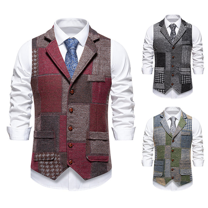 Herren nan Patchwork Weste mit Reverskragen Knopfleiste und aufgesetzten Taschen Drune