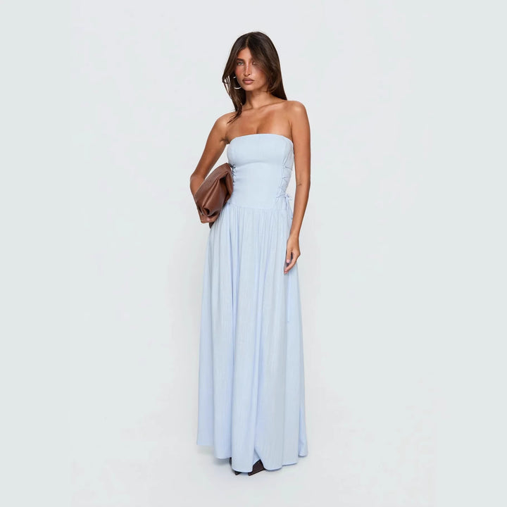 Damen Maxi-Kleid mit schulterfreiem Design und seitlichen Rüschendetails Drune