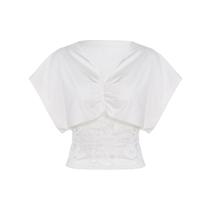 Damen elegantes Oberteil mit Spitze und Raffung Drune