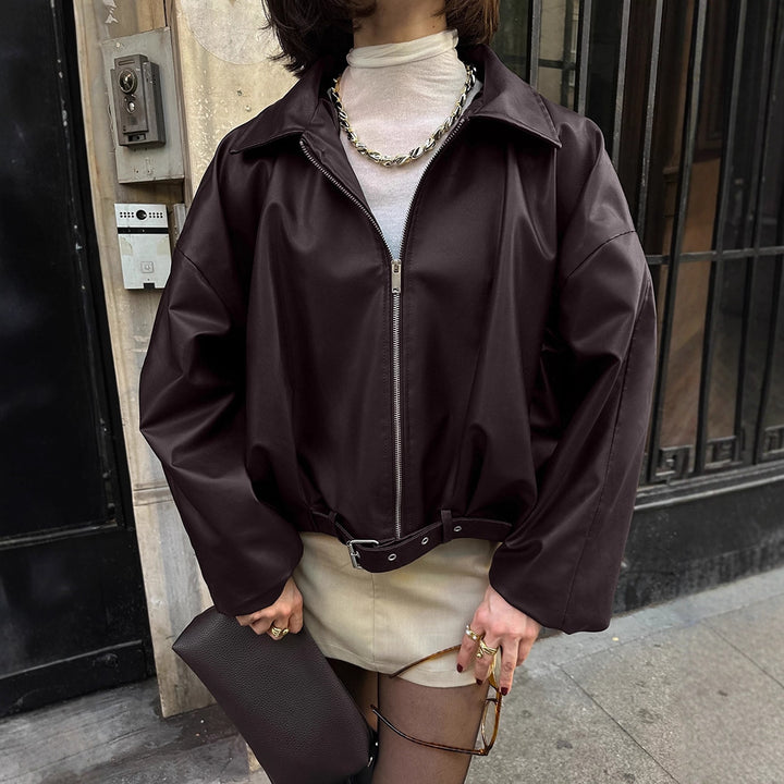 Damen lässige Oversized-Jacke mit Reißverschluss und breitem Kragen Drune
