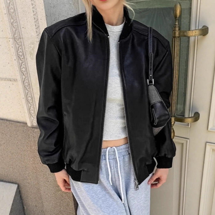 Damen Modische Bomberjacke aus weichem Kunstleder mit elastischen Bündchen Drune
