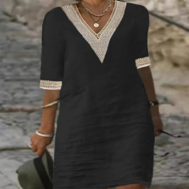 Damen Leichtes Leinen-Midikleid mit V-Ausschnitt und Häkelspitzenbesatz Drune