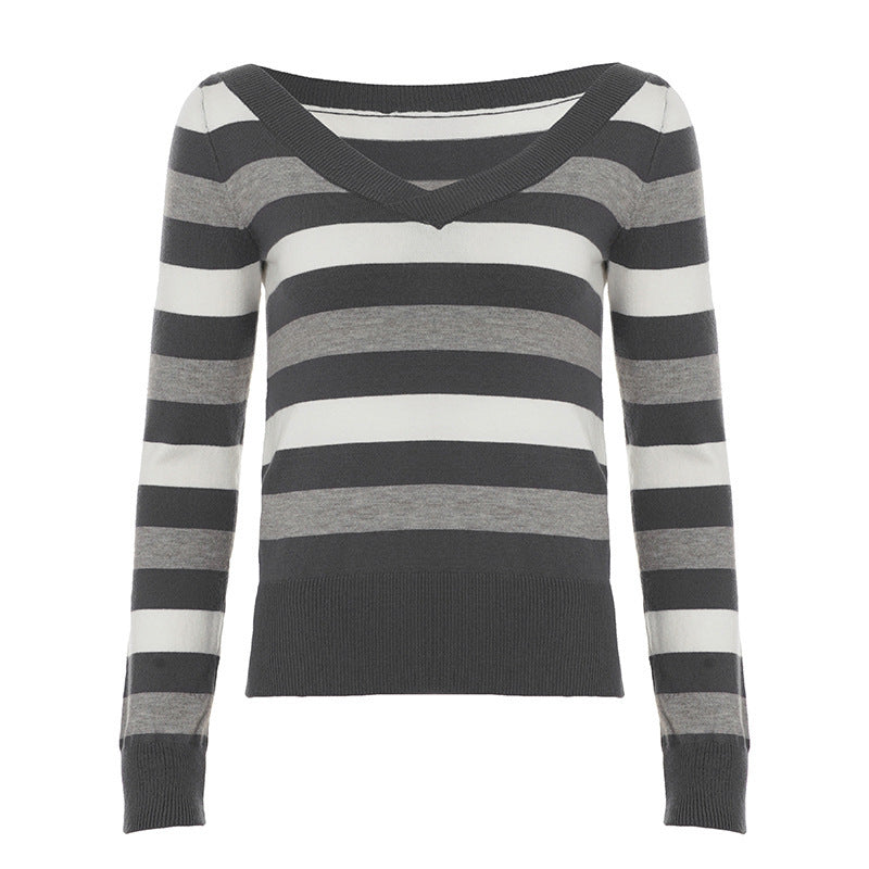 Damen Taillierter Feinstrick-Pullover mit breiten Blockstreifen und V-Ausschnitt Drune