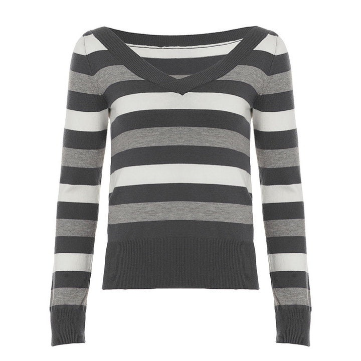 Damen Taillierter Feinstrick-Pullover mit breiten Blockstreifen und V-Ausschnitt Drune