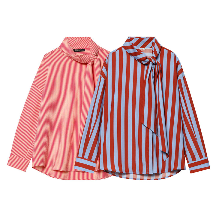 Damen Oversize Bluse mit Schleifenkragen und feinen Streifen Drune