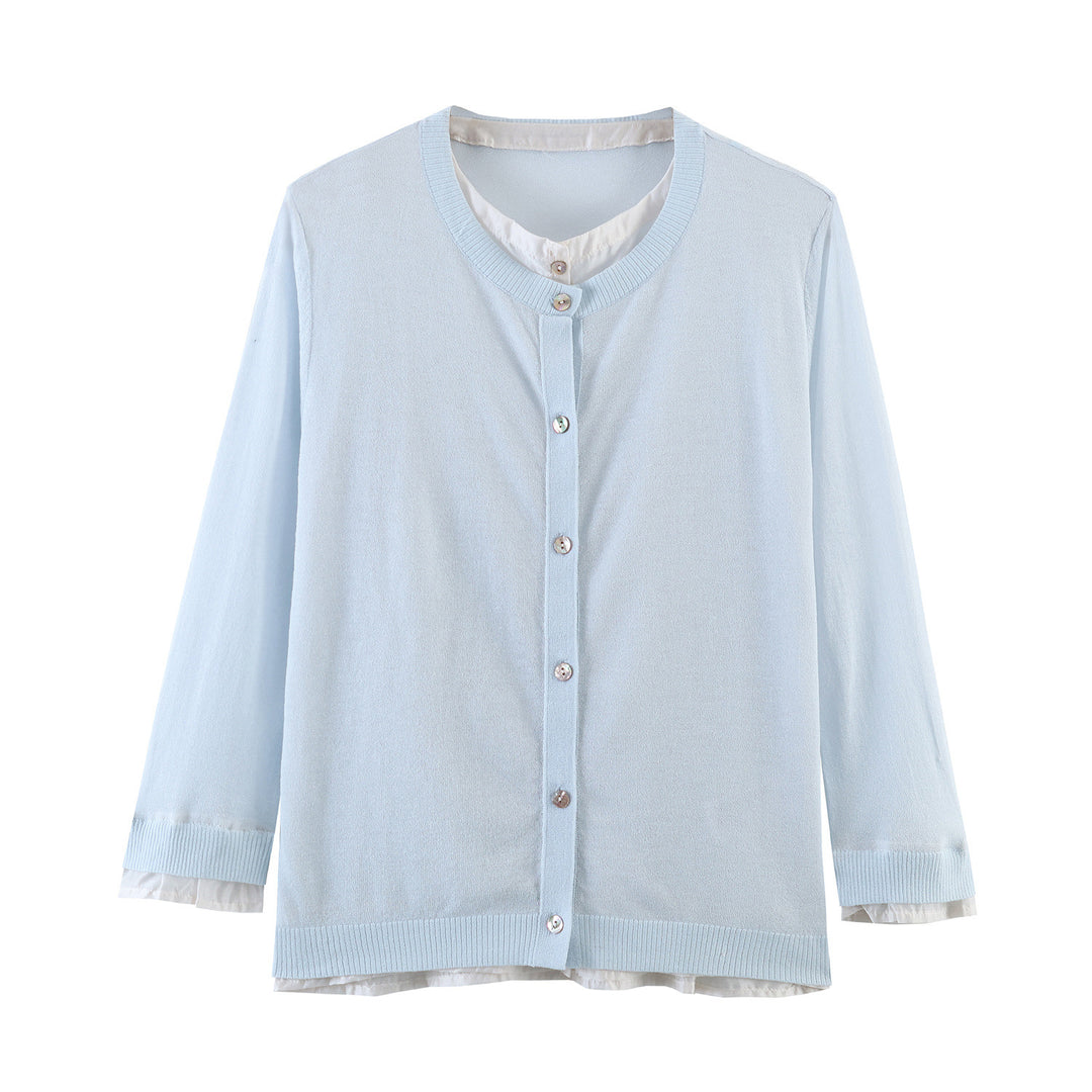 Damen Feinstrick-Cardigan mit eingearbeitetem Blusenbesatz und Knopfverschluss Drune