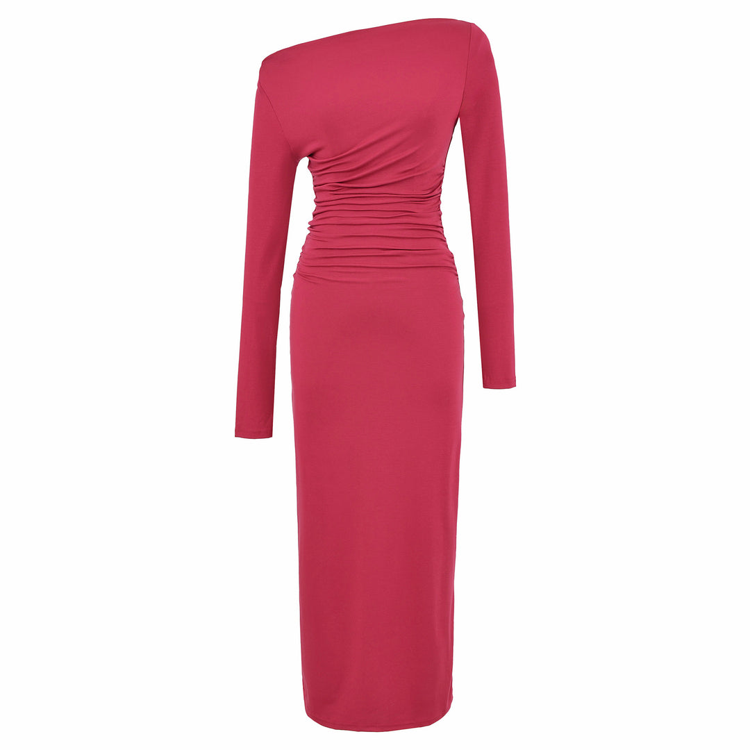Damen Einschulter-Midikleid mit Langarm und seitlicher Raffung Drune