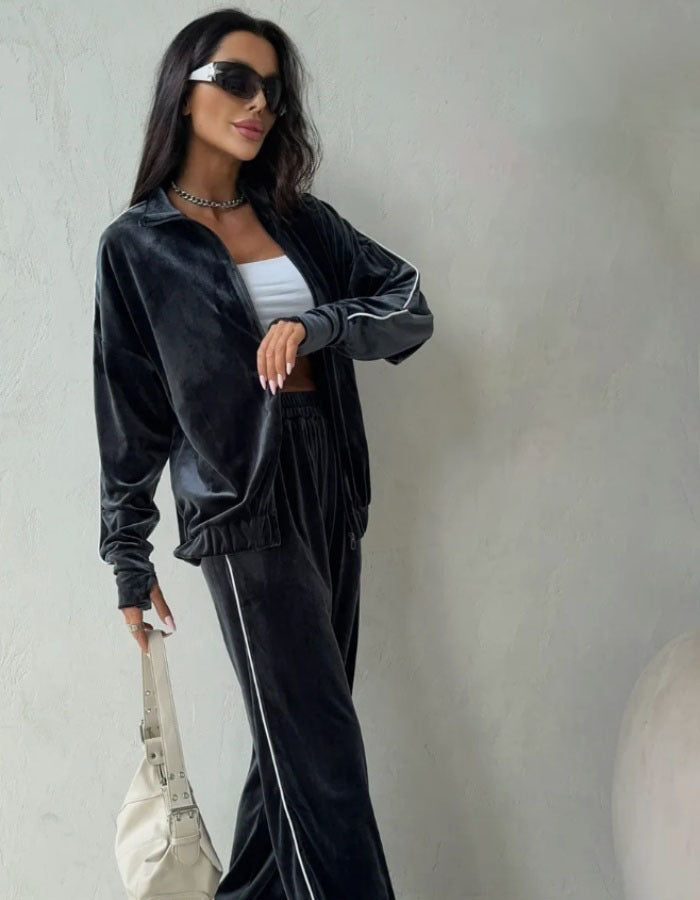 Damen eleganter Fleece-Trainingsanzug mit praktischen Taschen und elastischen Bündchen