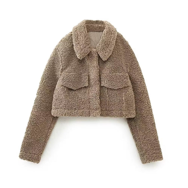Damen Kurze Teddyjacke im Schaffell-Look mit weitem Kragen und Pattentaschen Drune