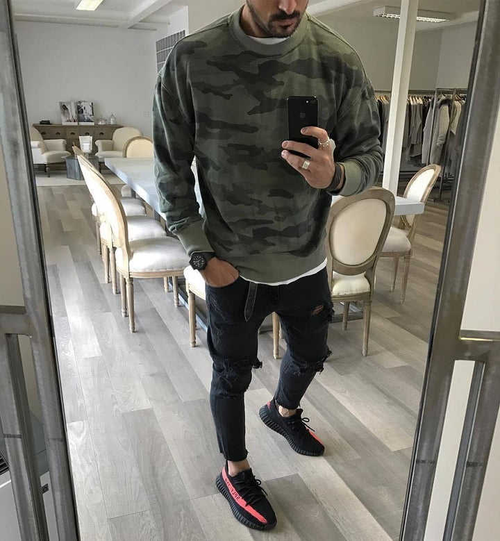 Herren Oversized Camouflage-Sweatshirt mit Rundhalsausschnitt und Rippbündchen Drune