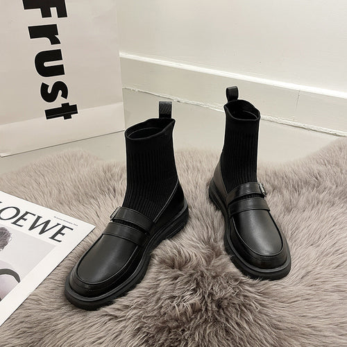 Damen nan Loafer-Sock-Boots mit elastischem Strickschaft, rutschfester Plateau-Gummisohle und gepolstertem Komfortfußbett Drune
