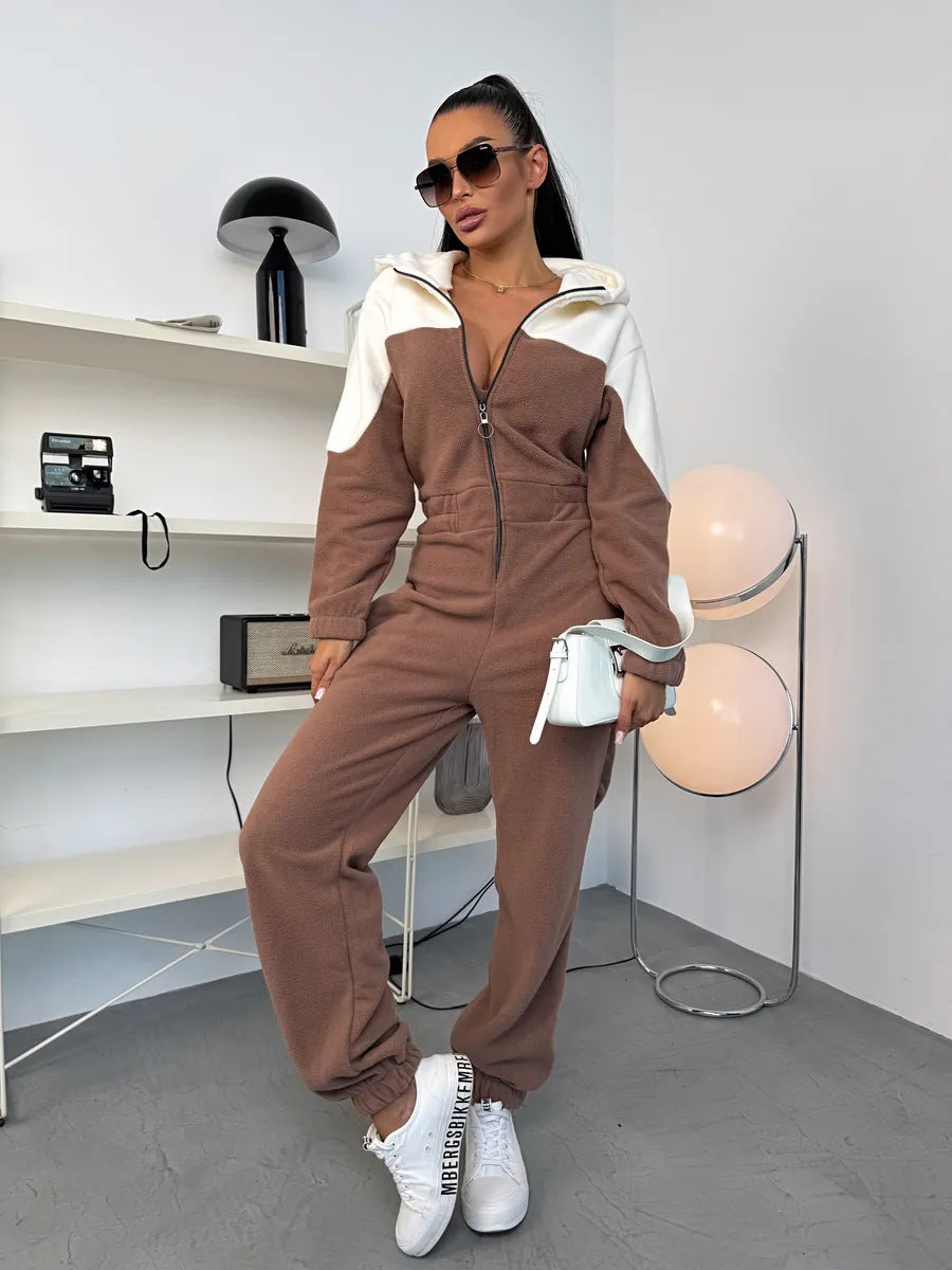 Damen gemütlicher Fleece-Overall mit Kapuze, durchgehendem Reißverschluss und elastischen Bündchen Drune