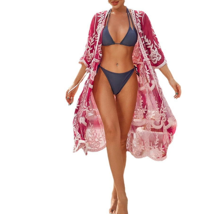 Damen elegante Häkel-Strandrobe mit voluminösen Ärmeln und floralem Design Drune