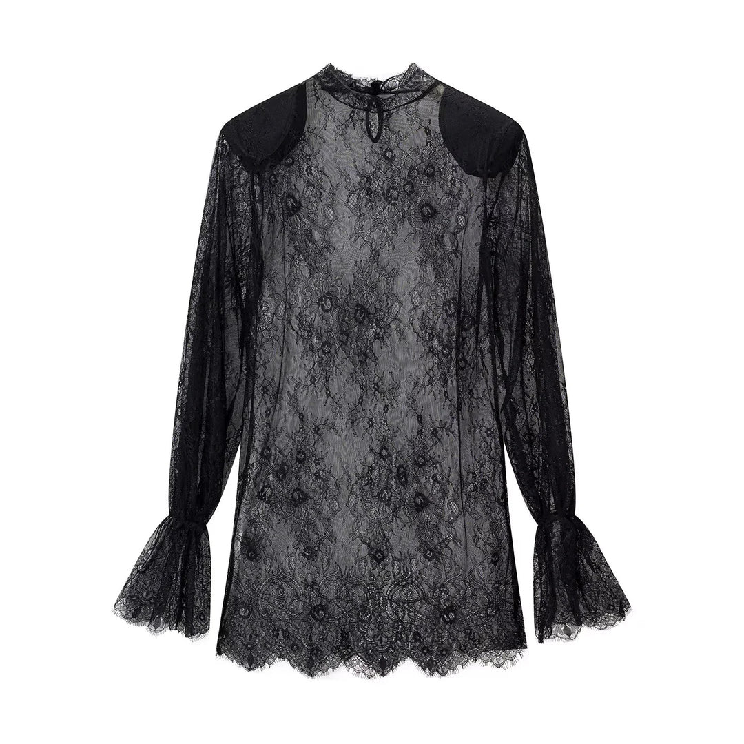 Damen nan transparente Spitzenbluse mit Stehkragen, Bindeschlüssel und Glockenärmeln Drune