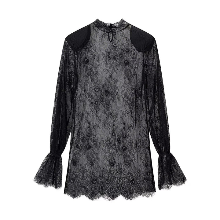 Damen nan transparente Spitzenbluse mit Stehkragen, Bindeschlüssel und Glockenärmeln Drune