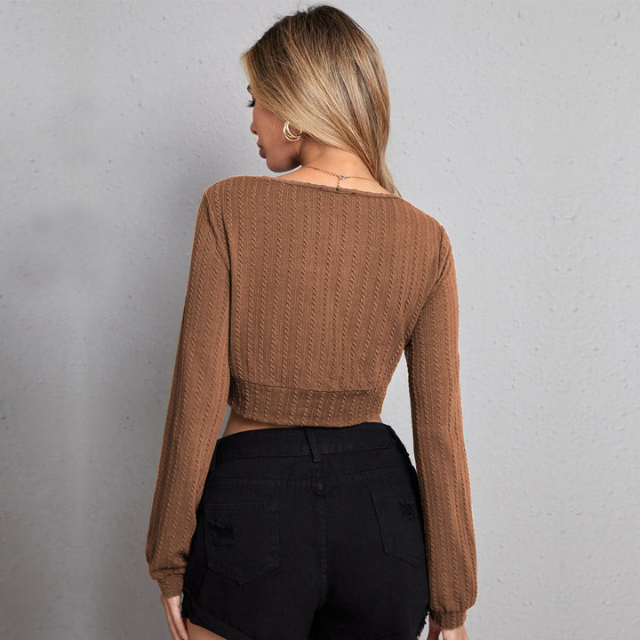 Damen gestricktes Cropped-Wickeltop mit V-Ausschnitt, taillierter Unterbrustnaht und Zopfmuster-Optik Drune