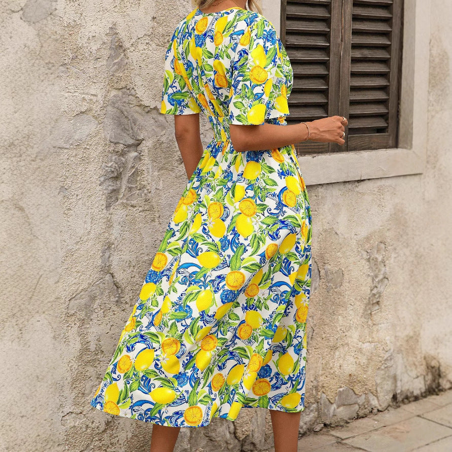 Damen Maxikleid mit fruchtigem Muster und eleganter Taillierung Drune