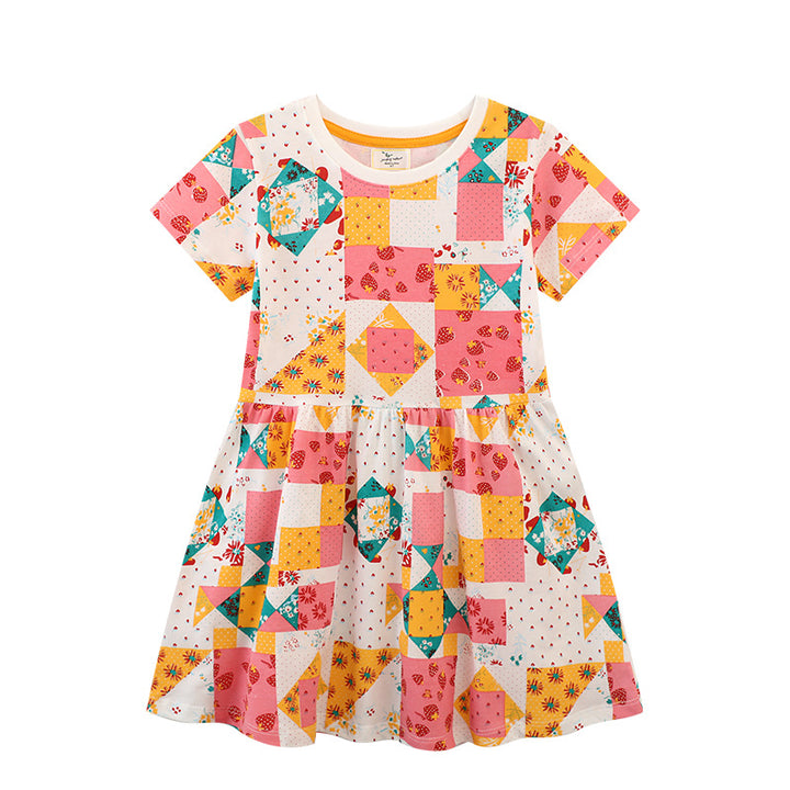 Mädchen Kurzarm Kleid mit fröhlichem Patchwork-Design Drune