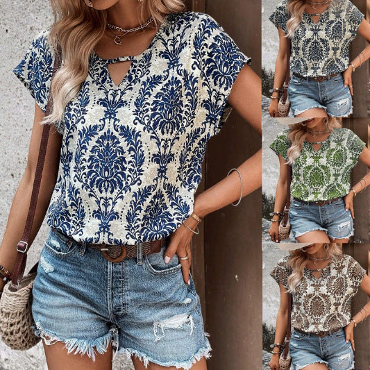 Damen Lässiges Kurzarm-Viscose-Top mit Keyhole-Ausschnitt und Barockmuster Drune
