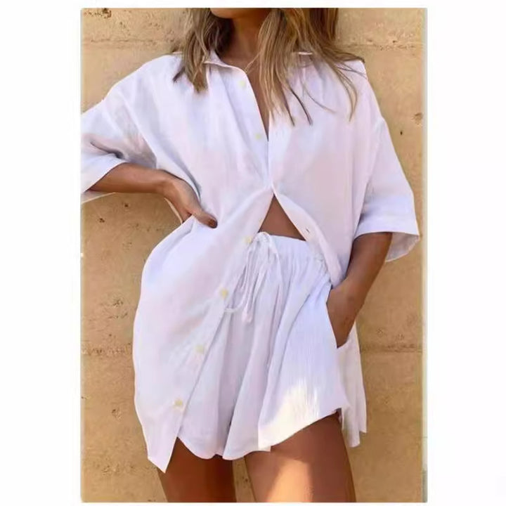 Damen Leinenbluse und Shorts-Set mit lockerer Passform und elastischem Bund Drune