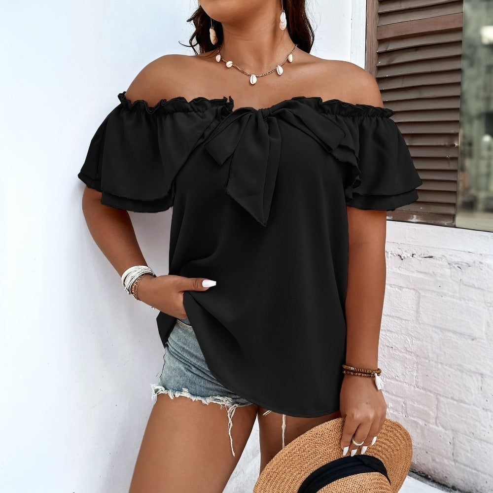 Damen Off-Shoulder Oberteil mit Schleifen-Details und Rüschensäumen Drune