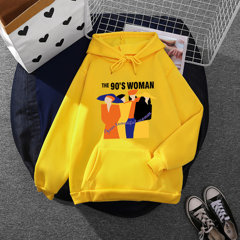 Damen nan weit geschnittener Kapuzenpullover mit Neunzigerjahre-Illustrationsprint, angerautem Fleece und Kängurutasche Drune