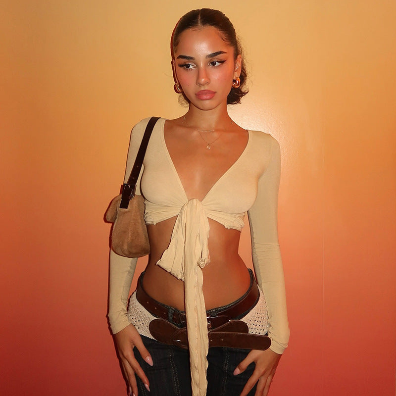 Damen Crop-Top mit verspieltem Bindeband und langen Ärmeln Drune