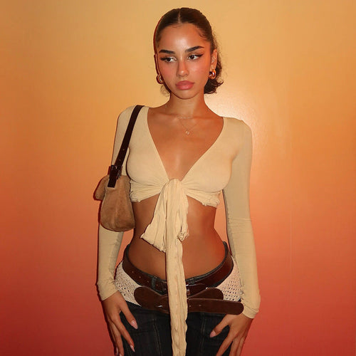 Damen Crop-Top mit verspieltem Bindeband und langen Ärmeln Drune
