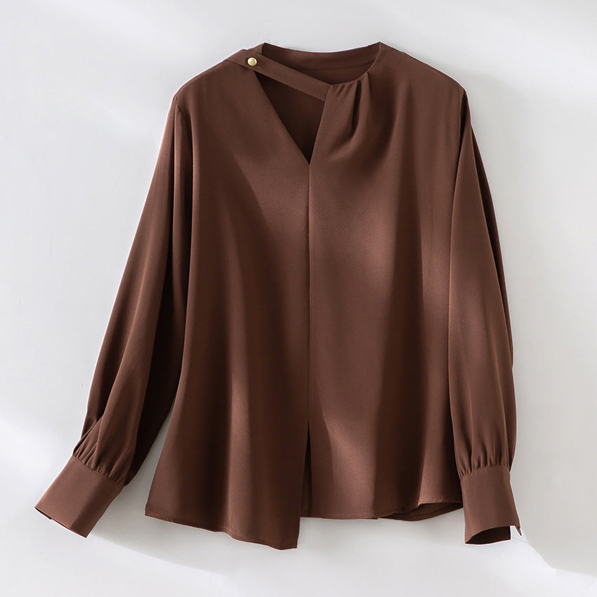 Damen elegante oversized Bluse mit asymmetrischem V-Ausschnitt und Manschetten Drune