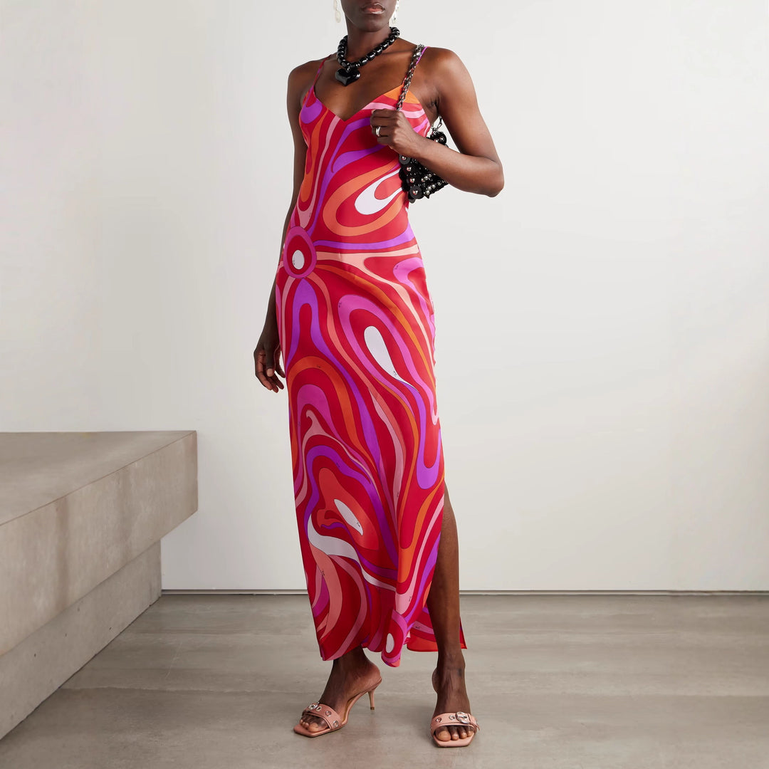 Damen nan elegantes Slip-Maxikleid mit V-Ausschnitt, filigranen Spaghettiträgern und retro-grafischem Allover-Print Drune