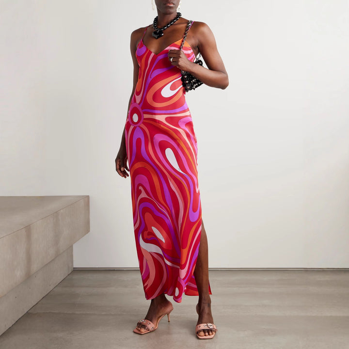 Damen nan elegantes Slip-Maxikleid mit V-Ausschnitt, filigranen Spaghettiträgern und retro-grafischem Allover-Print Drune