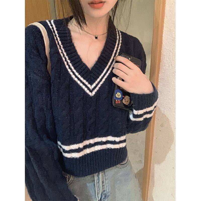 Damen modischer Strickpullover mit V-Ausschnitt und Zopfmuster Drune