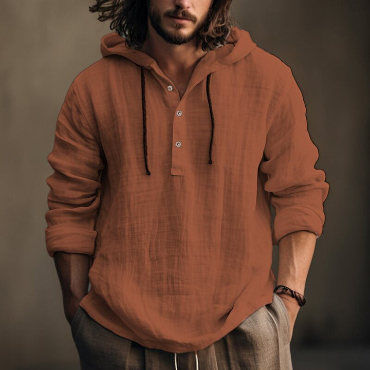 Herren Leichtes Kapuzenhemd im Leinenlook mit Henley-Knopfleiste Drune
