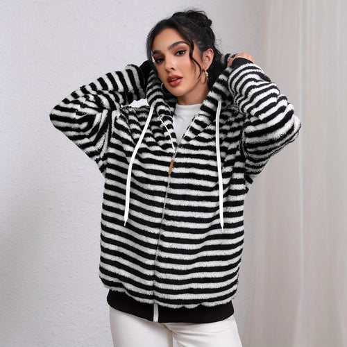 Damen kuschelige Kapuzenjacke mit gestreiftem Design und großer Tasche Drune