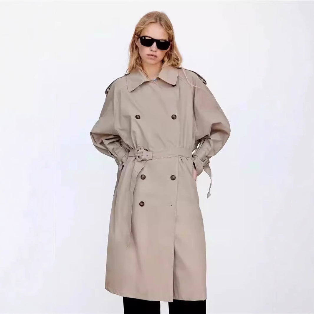 Damen Doppelreihiger Trenchcoat mit Taillengürtel, Oversized‑Schnitt und Schulterriegeln Drune