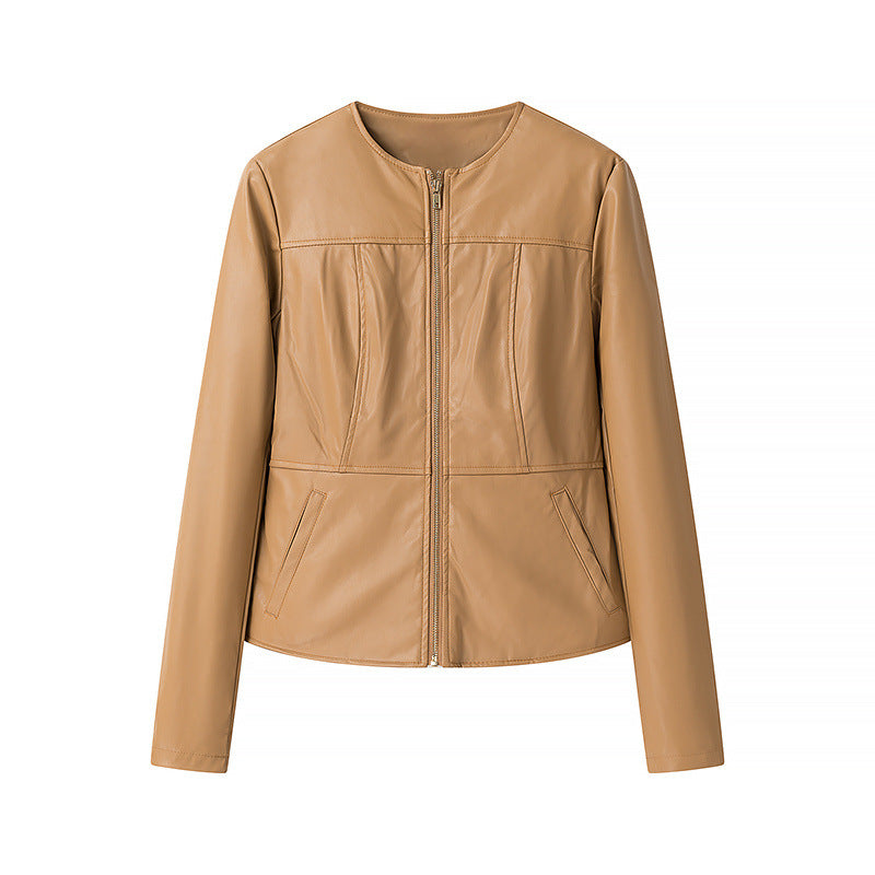 Damen nan leichte vegane Lederjacke mit Rundhalsausschnitt, tailliertem Schnitt und durchgehendem Reißverschluss Drune