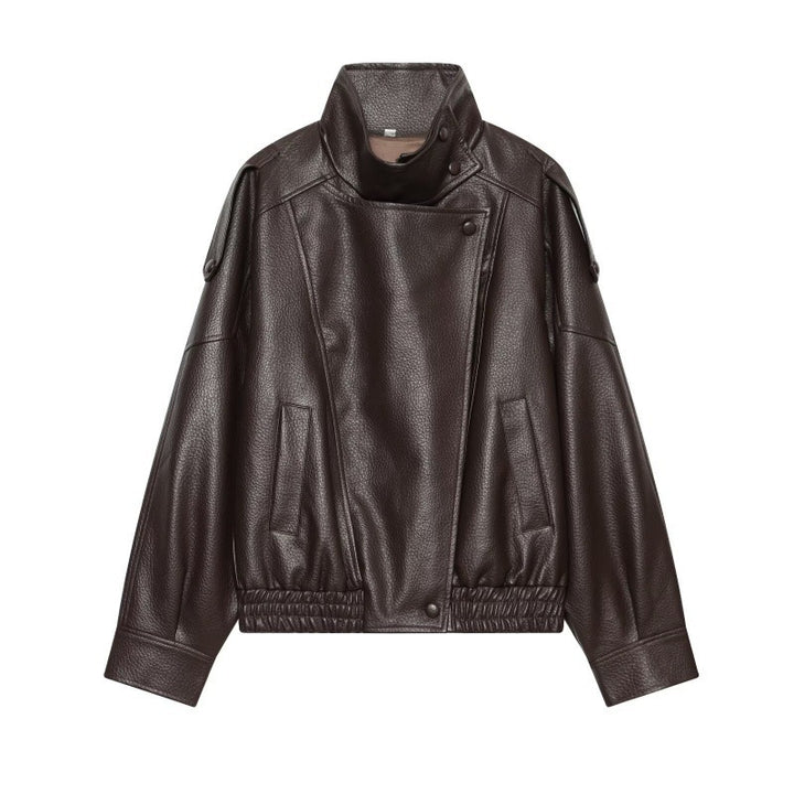 Damen Kunstleder-Bomberjacke mit hohem Stehkragen, asymmetrischem Verschluss und elastischem Saum Drune