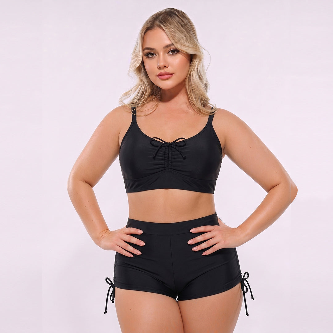 Damen Hoch geschnittenes Tankini-Set mit verstellbaren Trägern und Raffung Drune
