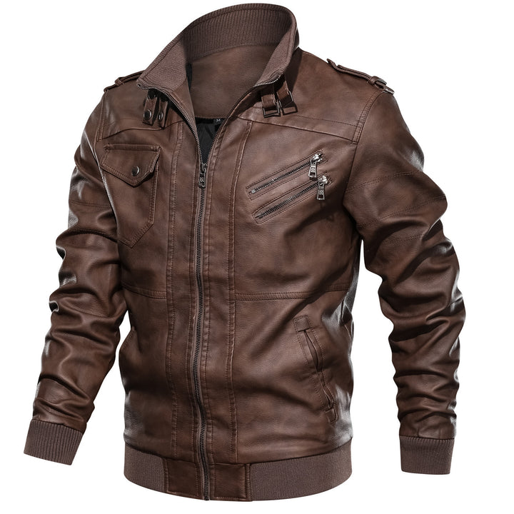 Herren Biker-Pilotjacke aus Kunstleder mit hohem Kragen, Schulterklappen und Rippbündchen Drune