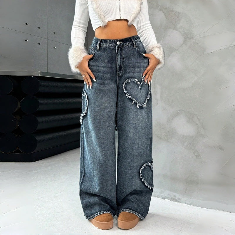 Damen Weite Jeans mit Herz-Stickerei und lässigem Schnitt Drune