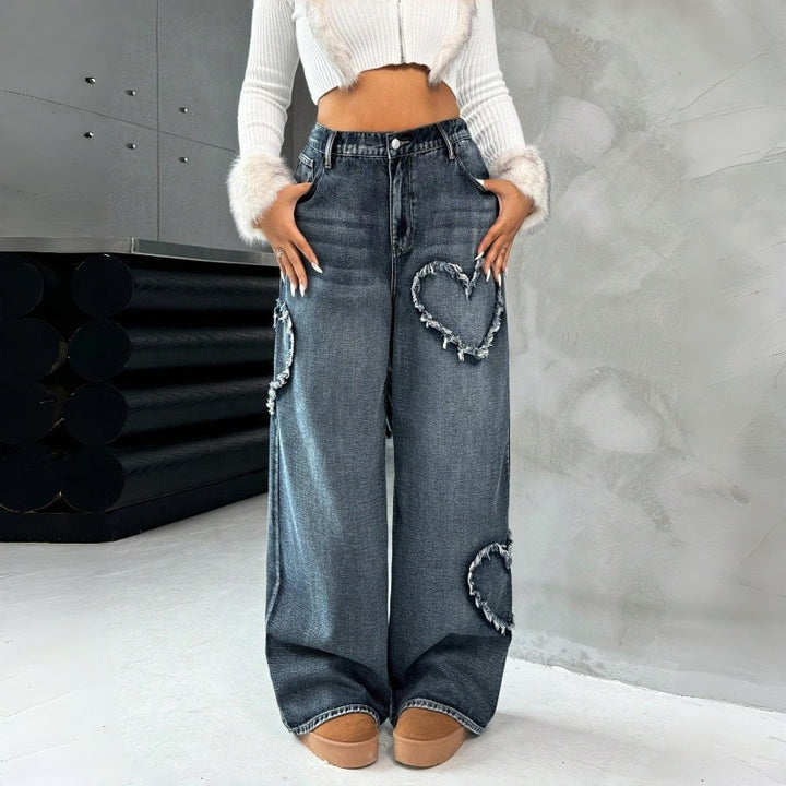 Damen Weite Jeans mit Herz-Stickerei und lässigem Schnitt Drune