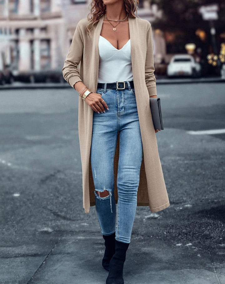 Damen nan langer Feinstrick-Cardigan im Duster-Stil mit offenem Fall und schmaler Ärmelpartie Drune